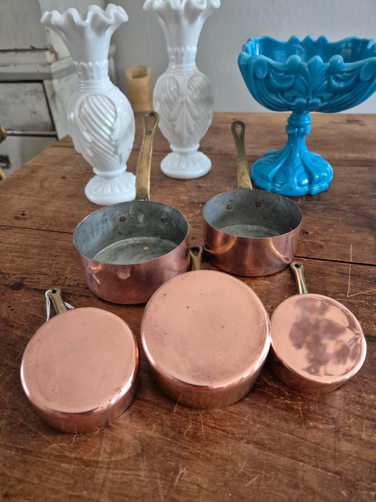 Oud Frans setje koperen mini pannetjes, Ophalen of Verzenden