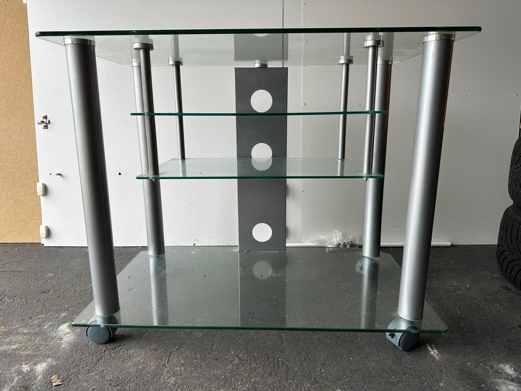 Hifi stereomeubel / audiomeubel - Glas en metaal, Huis en Inrichting, Ophalen, 50 tot 100 cm, Minder dan 100 cm, 25 tot 50 cm