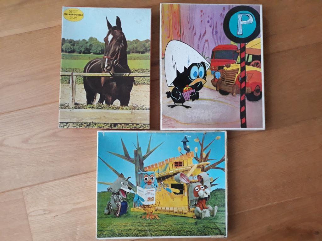 Puzzels uit de jaren 70 (Fabeltjeskrant, Calimero en paard), Ophalen of Verzenden, 10 tot 50 stukjes, Gebruikt