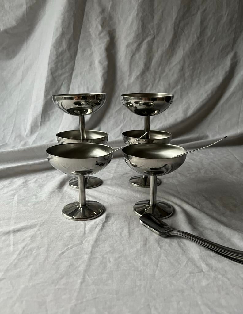 Vintage Franse RVS ijscoupes met lepels – design dessert set, Ophalen, Overige materialen, Overige stijlen, Overige typen