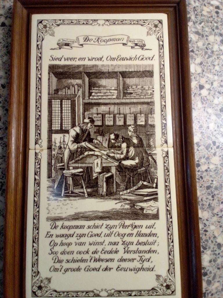 Antieke tegelspreuk 'De Koopman' van Jan Luyken in lijst, Ophalen, Gebruikt