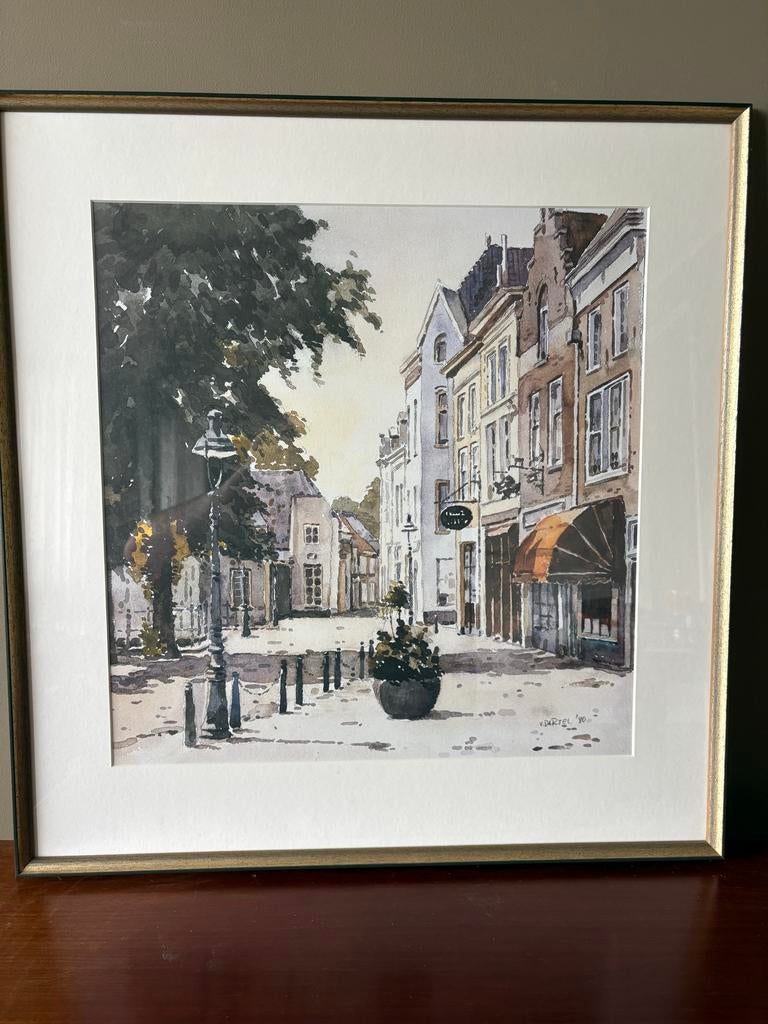 Ingelijste aquarel van V. Dartel '80 - Stadsgezicht, Ophalen