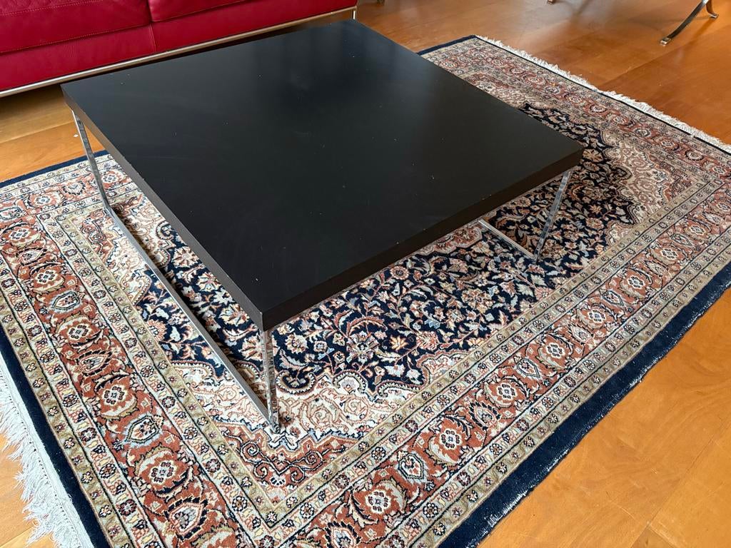 Gratis design salontafel met solide houten blad en chroom, Ophalen, Gebruikt, 100 tot 150 cm, Vierkant