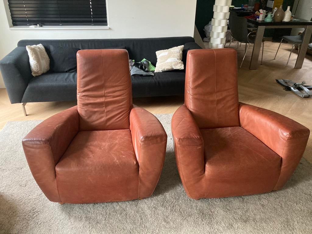 2 desing fauteuils label longa, Huis en Inrichting, Fauteuils, Ophalen, Gebruikt, 50 tot 75 cm, Leer