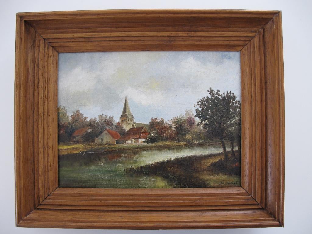 Schilderijtje met kerkje en boerderijen, Huis en Inrichting, Woonaccessoires | Schilderijen, Tekeningen en Foto's, Minder dan 50 cm