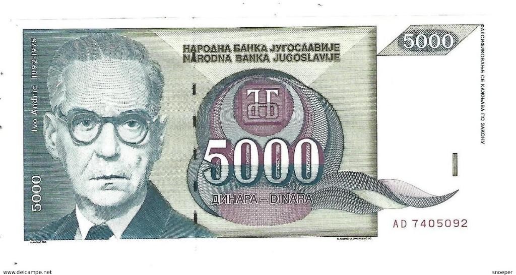 Yugoslavia 5000 dinara 1992 km115 unc, Verzenden, Joegoslavië, Los biljet