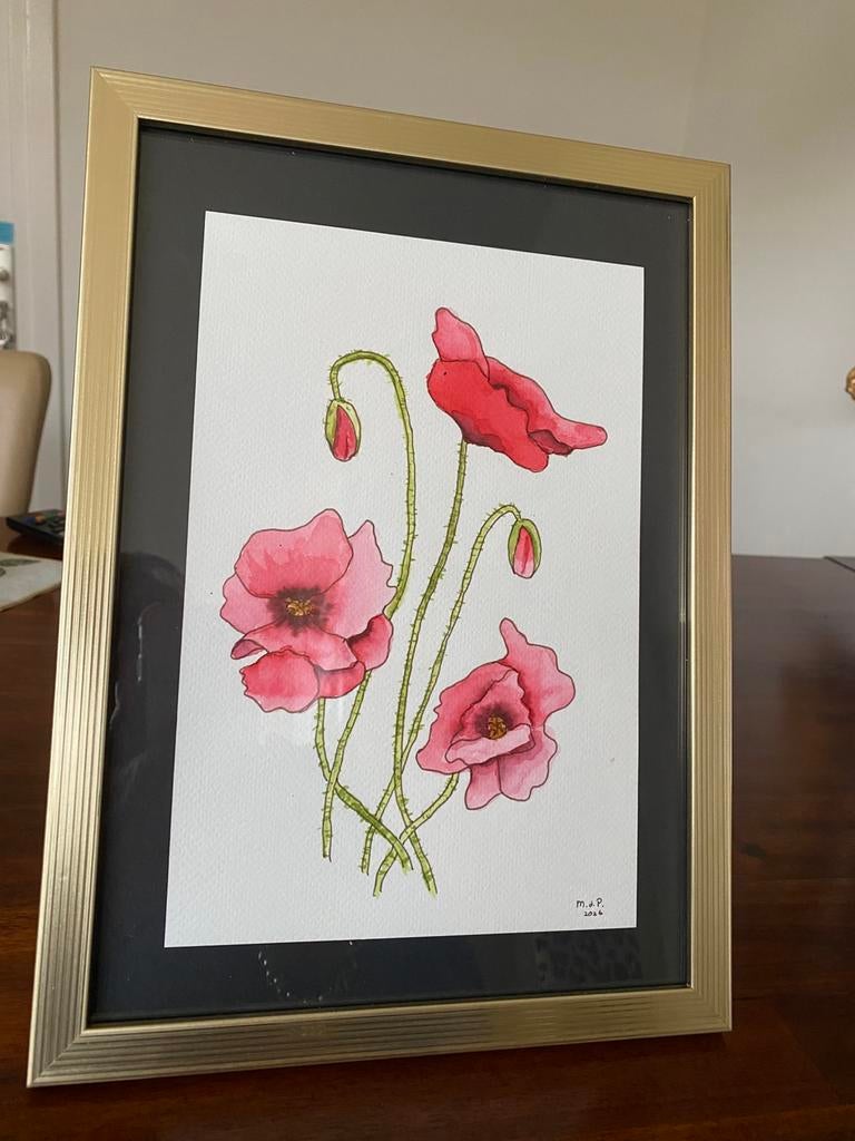 Prachtige aquarel van klaprozen met lijst, Ophalen of Verzenden, Zo goed als nieuw, Schilderij, Minder dan 50 cm