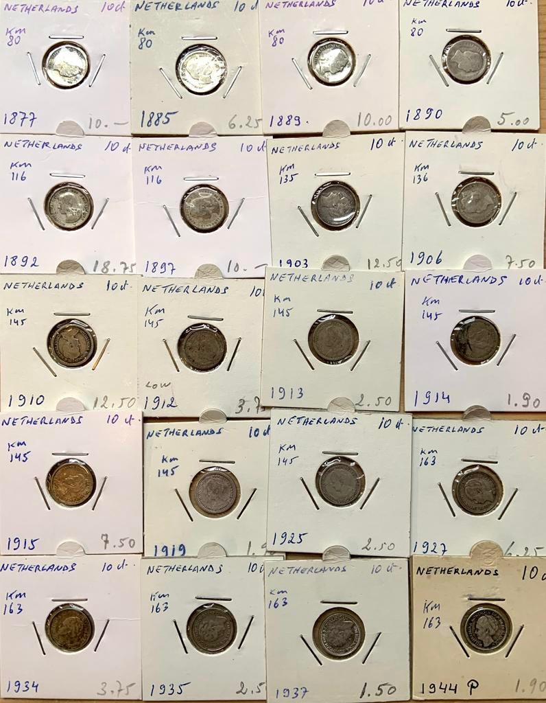 Nederland 10 Cent 1877/1944 20 verschillende zilver, Ophalen of Verzenden, 10 cent, Zilver