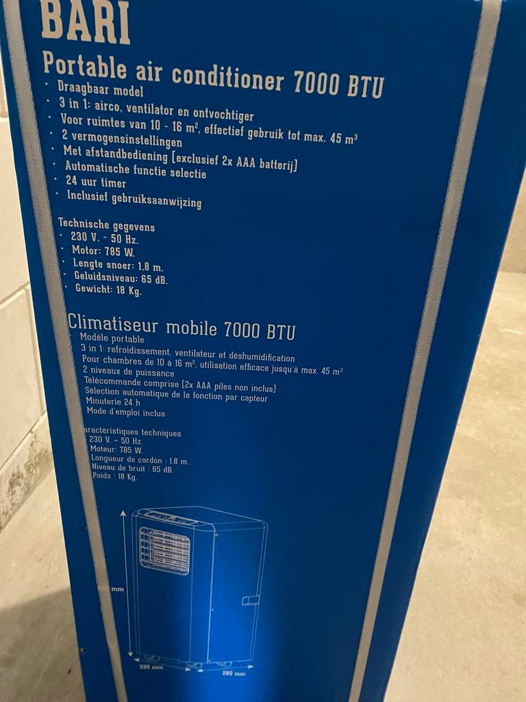 Handson Bari Mobiele Airco 7000 BTU, Ophalen, Minder dan 60 m³, 2 snelheden, Zo goed als nieuw