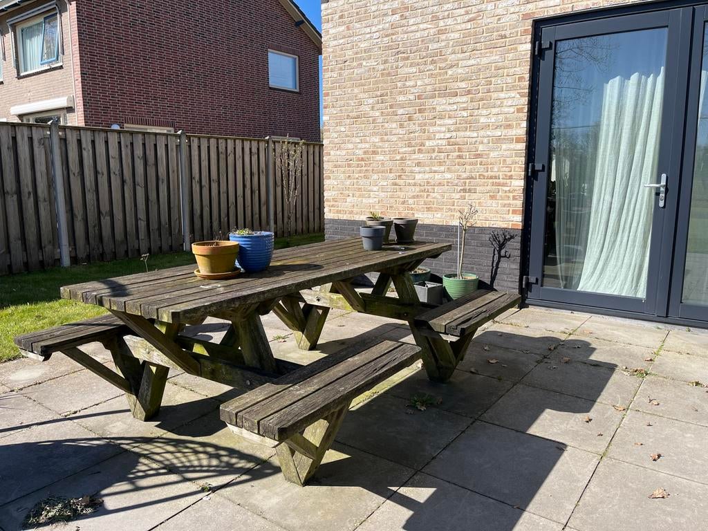 8-persoons picknickbank van geïmpregneerd hout, Ophalen, Gebruikt, Rechthoekig, Hout