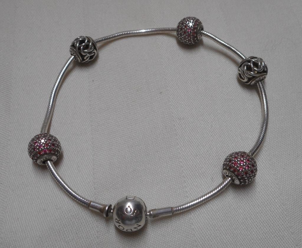Zilveren Pandora armband met 5 bedel stoppers nr.1549, Verzenden, Zo goed als nieuw, Met bedels of kralen, Zilver
