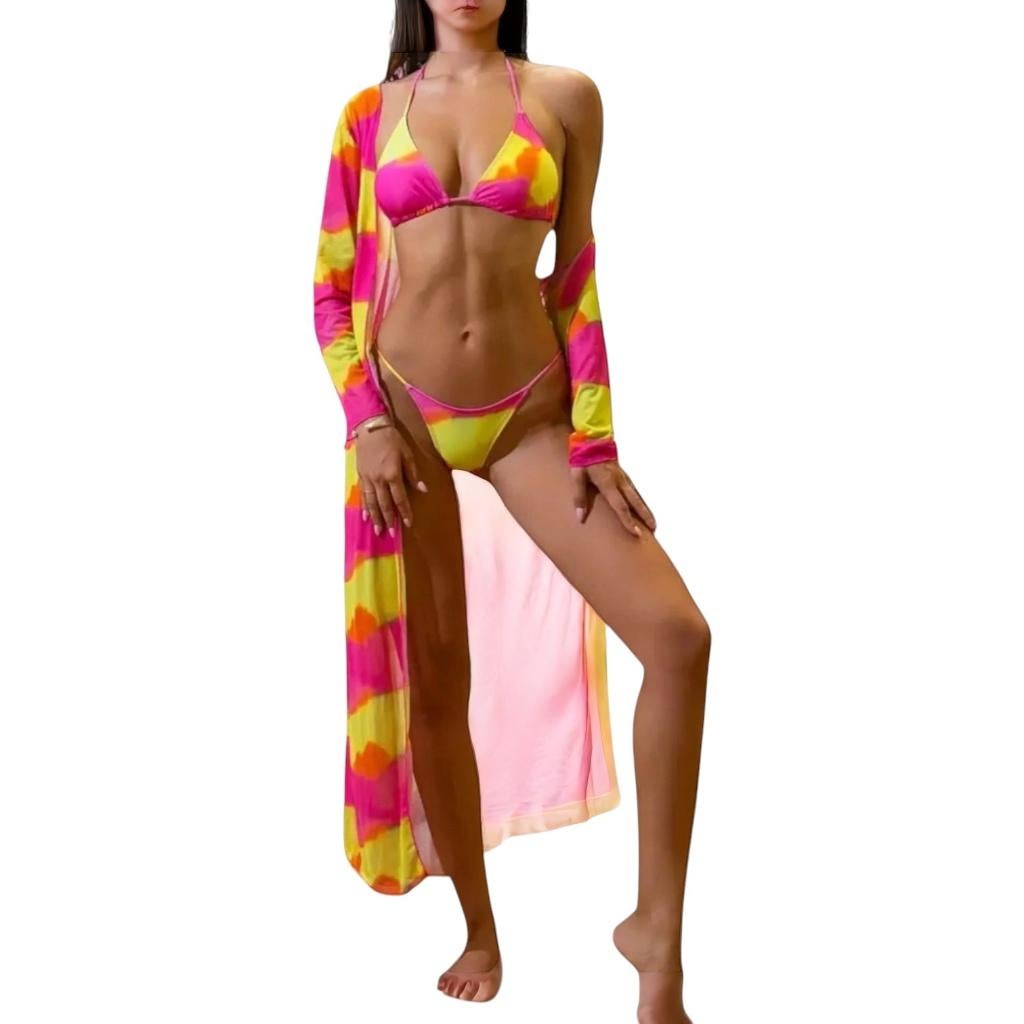 Bikini set met kimono - Roze, Geel, Oranje XXL, Kleding | Dames, Badmode en Zwemkleding, Nieuw, Bikini, Roze, Verzenden
