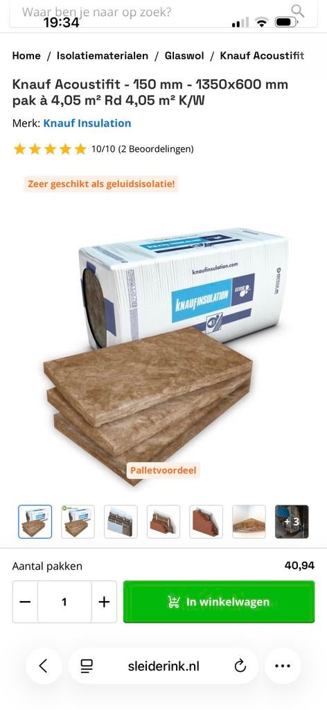 Knauf Acoustifit Glaswol Isolatie 150mm - Geluidsisolatie, Ophalen, 12 cm of meer, Nieuw, Minder dan 5 m²