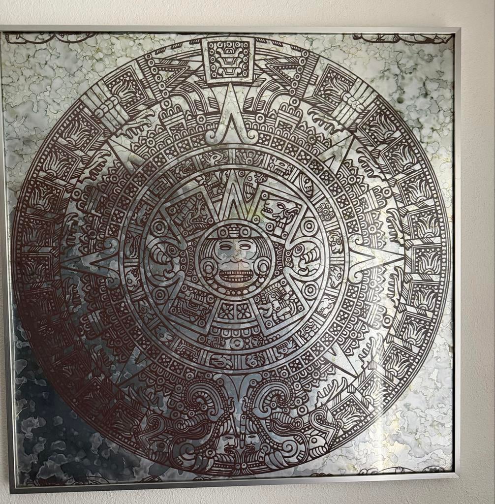 Azteekse Kalender Kunstwerk - Goud/Zilver, Ophalen of Verzenden, Gebruikt, Print, 50 tot 75 cm