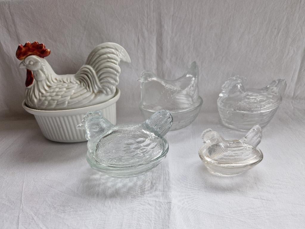 Keramiek en glazen paté kippen., Overige typen, Ophalen of Verzenden, Overige stijlen, Glas