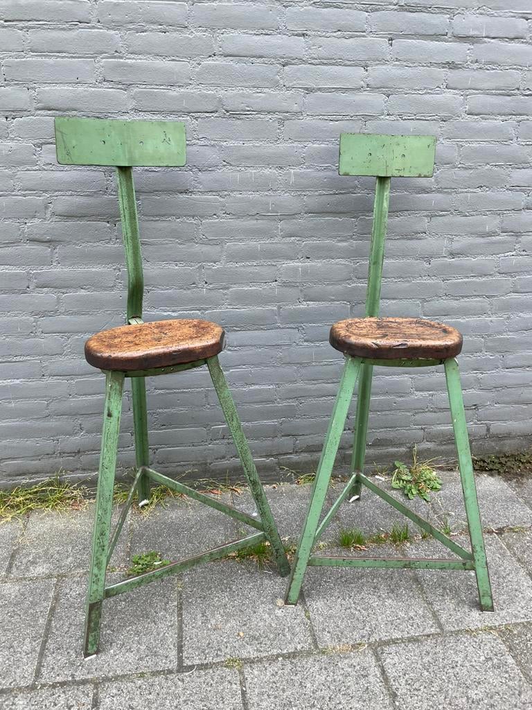 Industriële werkbankkruk barkruk kruk metaal & hout vintage, 1 kruk, Ophalen, Zo goed als nieuw, Hout