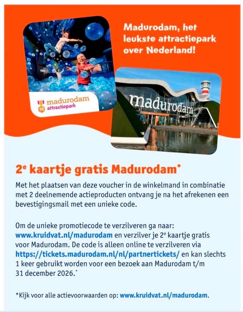 Code voor tweede kaartje Madurodam gratis, Tickets en Kaartjes, Twee personen, Kortingskaart
