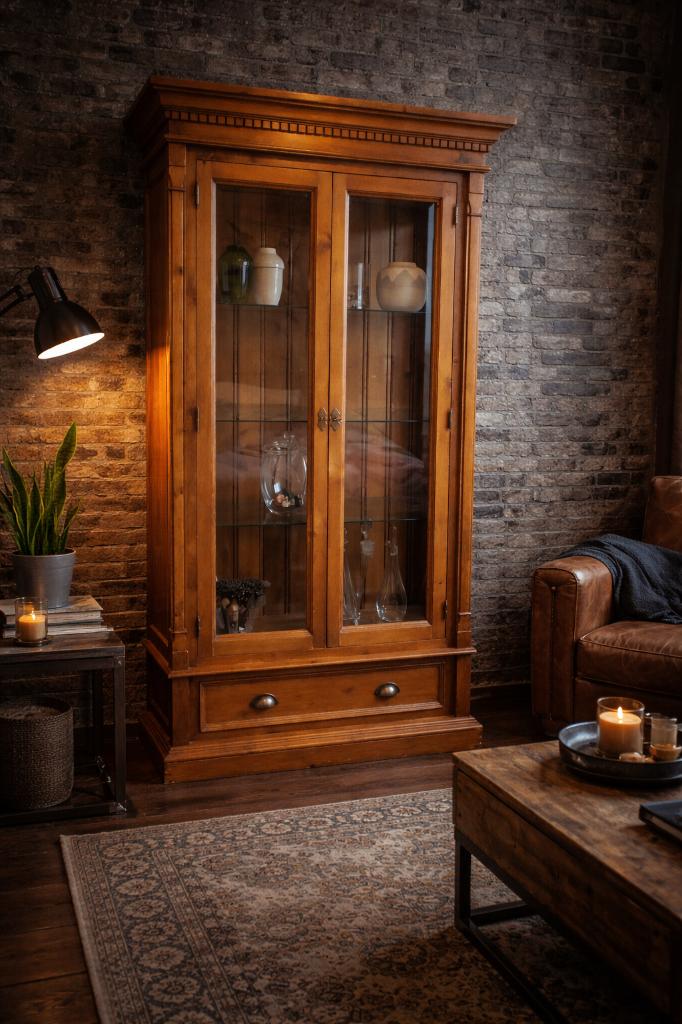 Honing Grenen Vitrinekast, Ophalen, Gebruikt, 100 tot 150 cm, 25 tot 50 cm