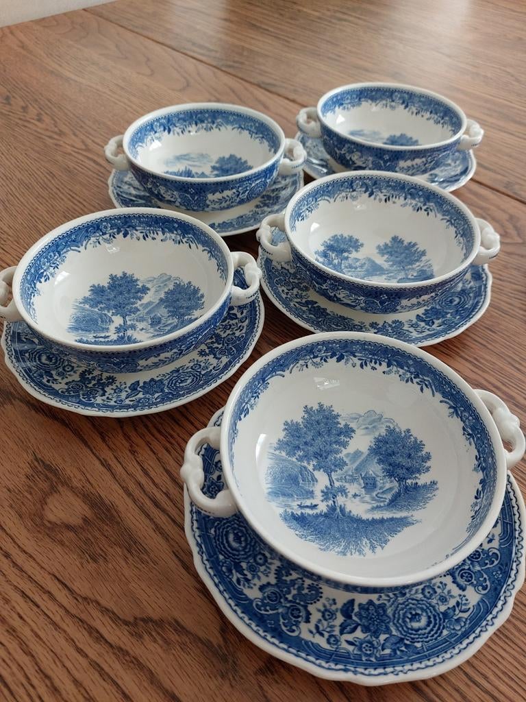 Villeroy & Boch soepkommen met schotels - Blauw/Wit, Ophalen