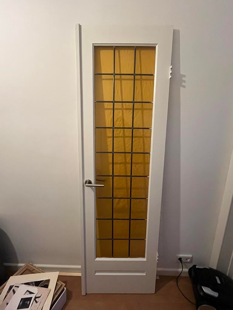 Jaren '30 Smalle Glas-in-lood Deur - Geel, Doe-het-zelf en Verbouw, Ophalen, Gebruikt, Minder dan 80 cm, Binnendeur