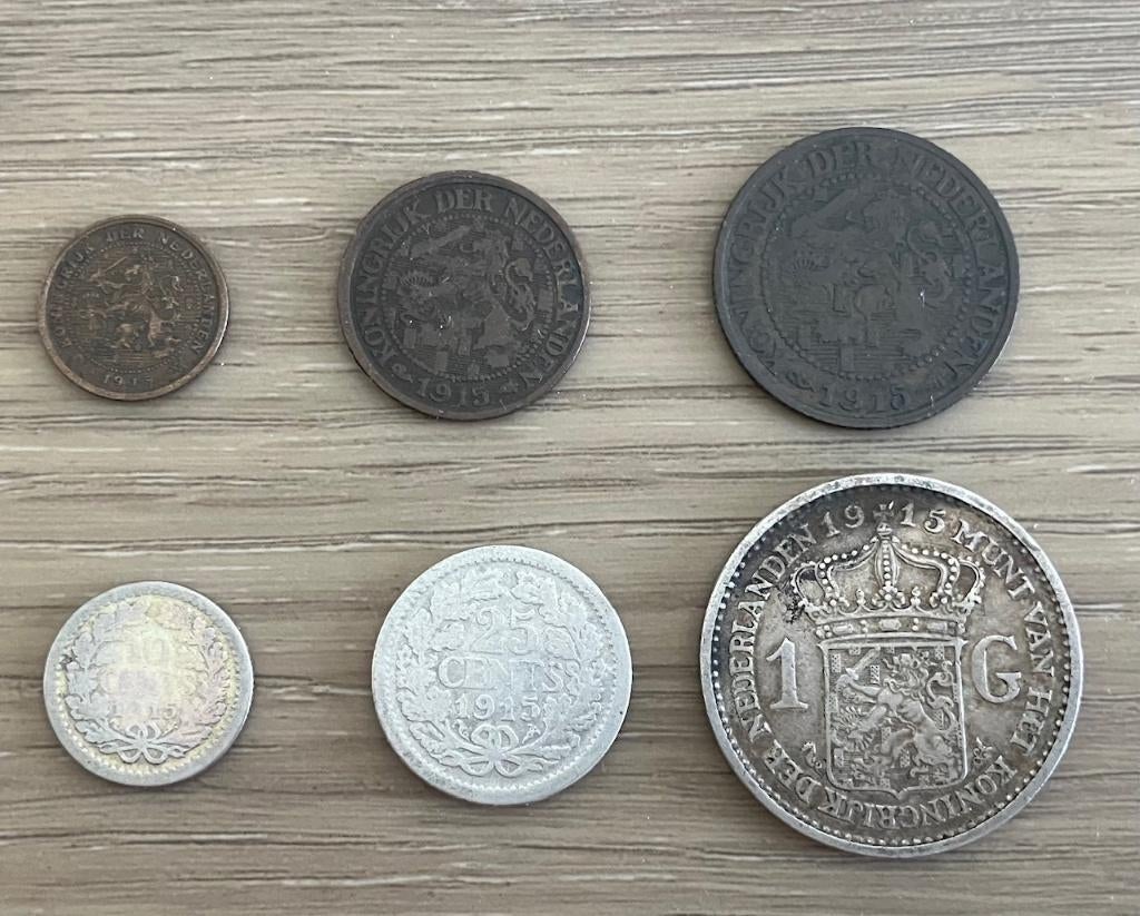 Complete serie Nederlandse munten 1915, Ophalen, Setje, Zilver, 25 cent