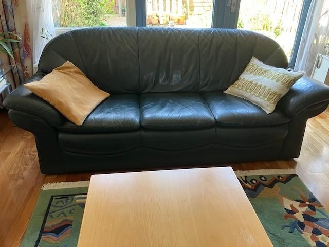 leren 3-zits bank groen, Ophalen, Gebruikt, Driepersoons, Rechte bank