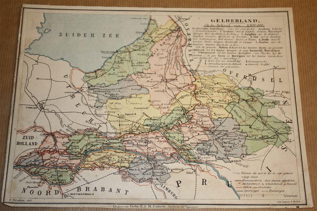 Antieke provinciekaart - Gelderland - Bruins 1895 !!, Boeken, Atlassen en Landkaarten, Gelezen, Ophalen of Verzenden, Landkaart