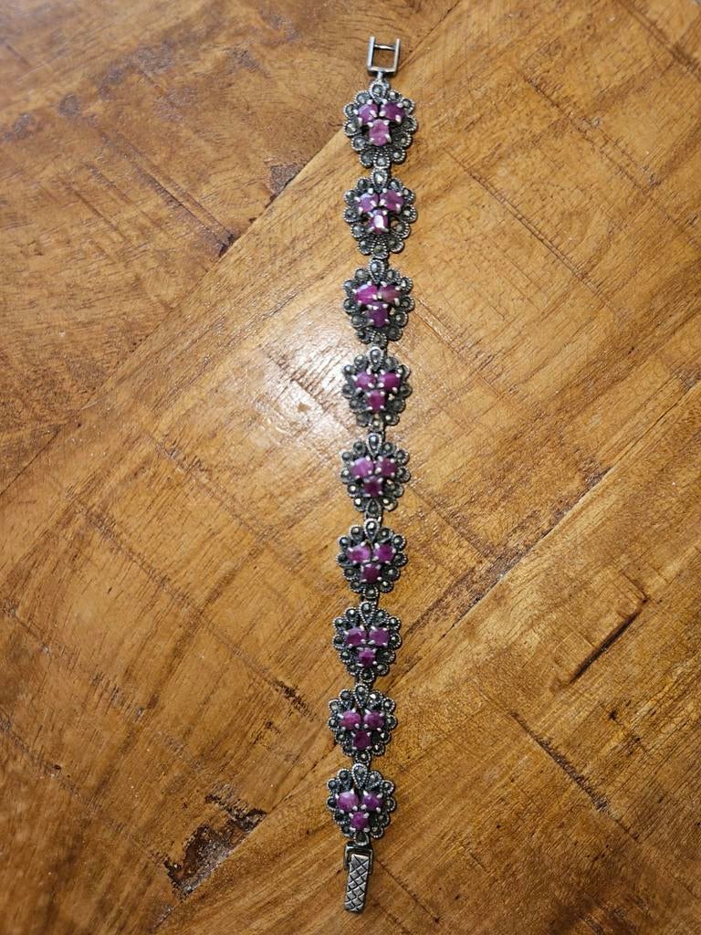 Antieke zilveren armband met robijnen en marcasiet, Ophalen of Verzenden