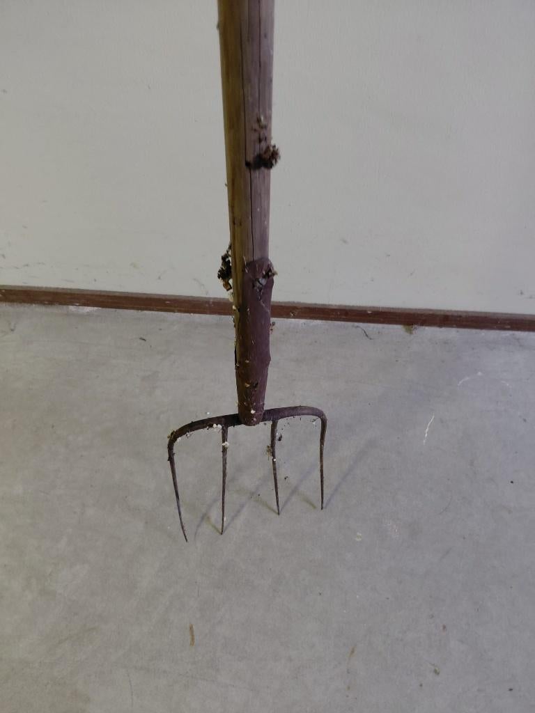 Antieke hooivork / hooivork 4 tanden met houten steel, Ophalen