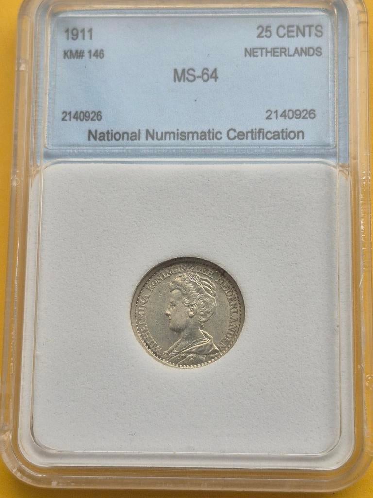 Kwartje 1911 MS 64 in slab - Wilhelmina, Ophalen of Verzenden