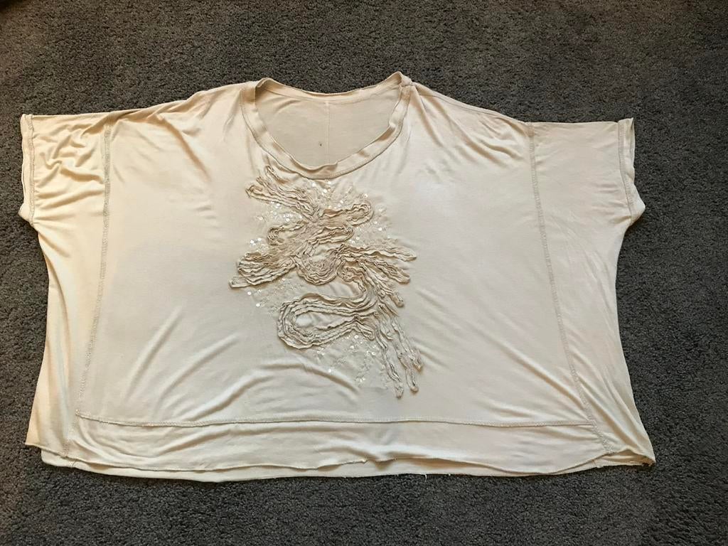 Luxe beige top met gave applicatie one size, Kleding | Dames, Tops, Maat 38/40 (M), Beige, Ophalen of Verzenden, Zo goed als nieuw