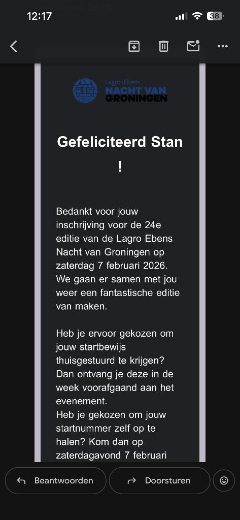 Startbewijs Nacht van Groningen 10 Engelse Mijl (16km), Overige typen, Nieuw, Hardlopen, Ophalen