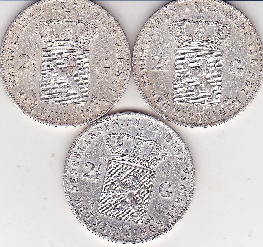 RIJKSDAALDERS  WILLEM III   1871 - 1872 - 1874    3 STUKS, Ophalen of Verzenden, Koning Willem III, 2½ gulden