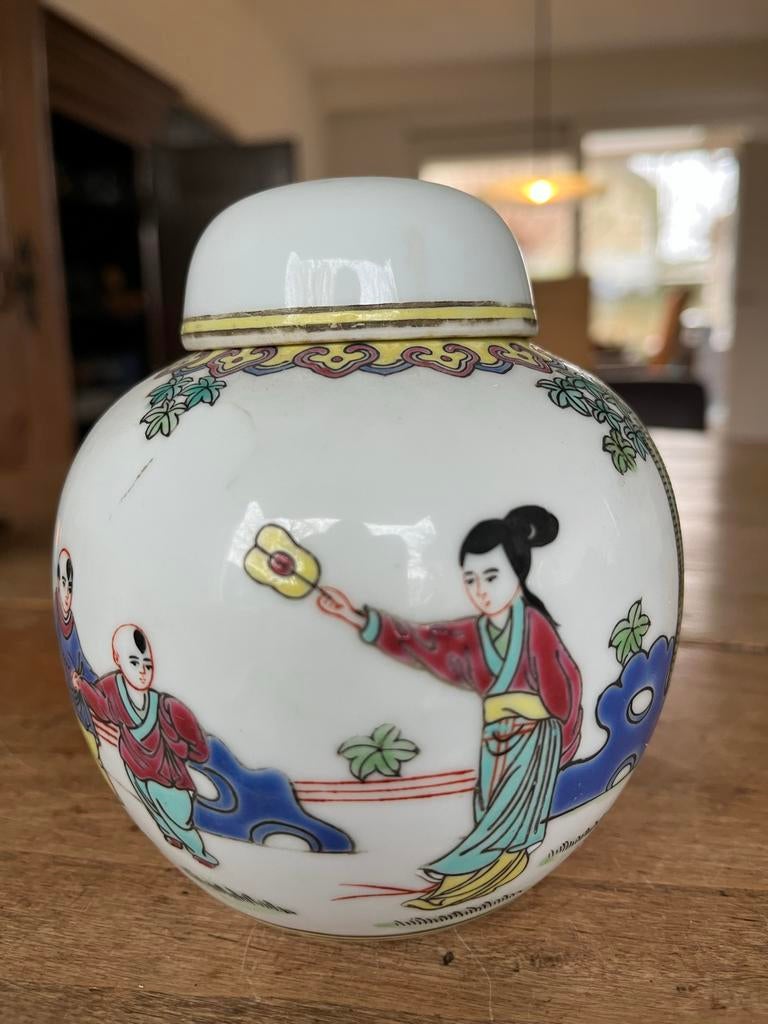 Oude Chinese gemberpot met deksel en kopje 12cm h, Ophalen of Verzenden