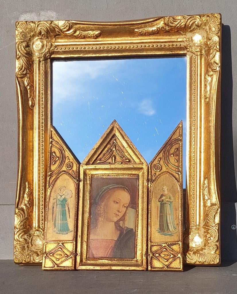 Antiek Houten Triptiek met Maria en Engelen, Antiek en Kunst, Antiek | Religie, Ophalen of Verzenden