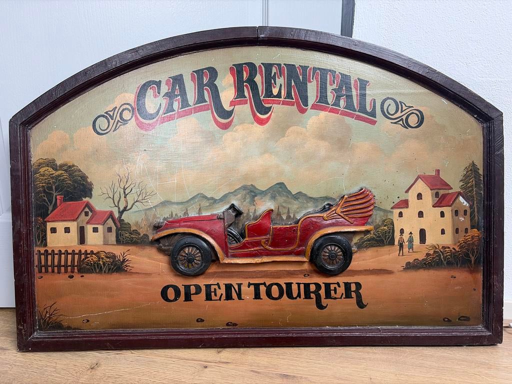 Vintage 'Car Rental Open Tourer' Houten Reclamebord, Ophalen