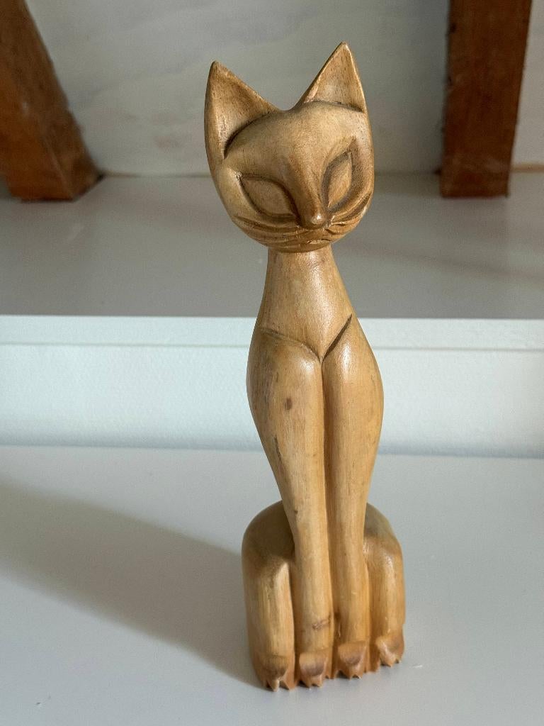 Vintage houten gestyleerd kattenbeeld 25,5 cm blond hout, Ophalen of Verzenden, Zo goed als nieuw, Dier