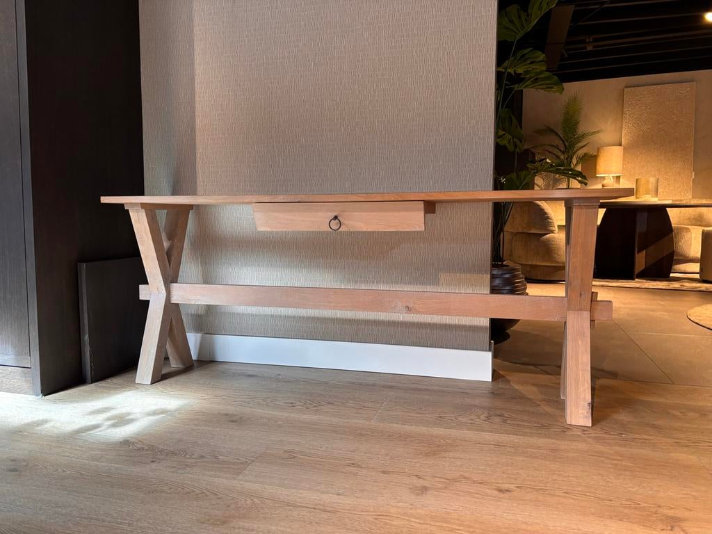 Landelijk houten sidetable in eiken grijs - ZGAN, Ophalen, 100 tot 150 cm, Zo goed als nieuw, Overige houtsoorten