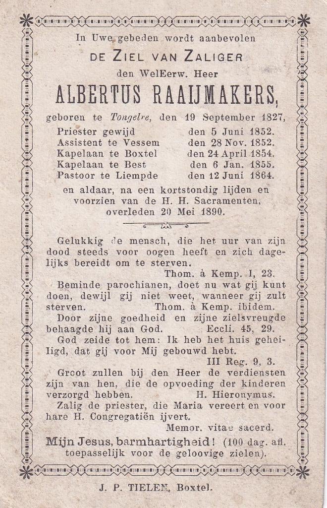 Raaijmakers Albertus 1827 Tonglre 1890 Liempde, Ophalen of Verzenden, Bidprentje