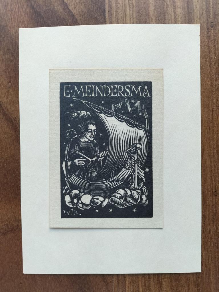 Exlibris E. Meindersma (1926) Houtsnede door W.J. Rozendaal, Antiek en Kunst, Ophalen of Verzenden
