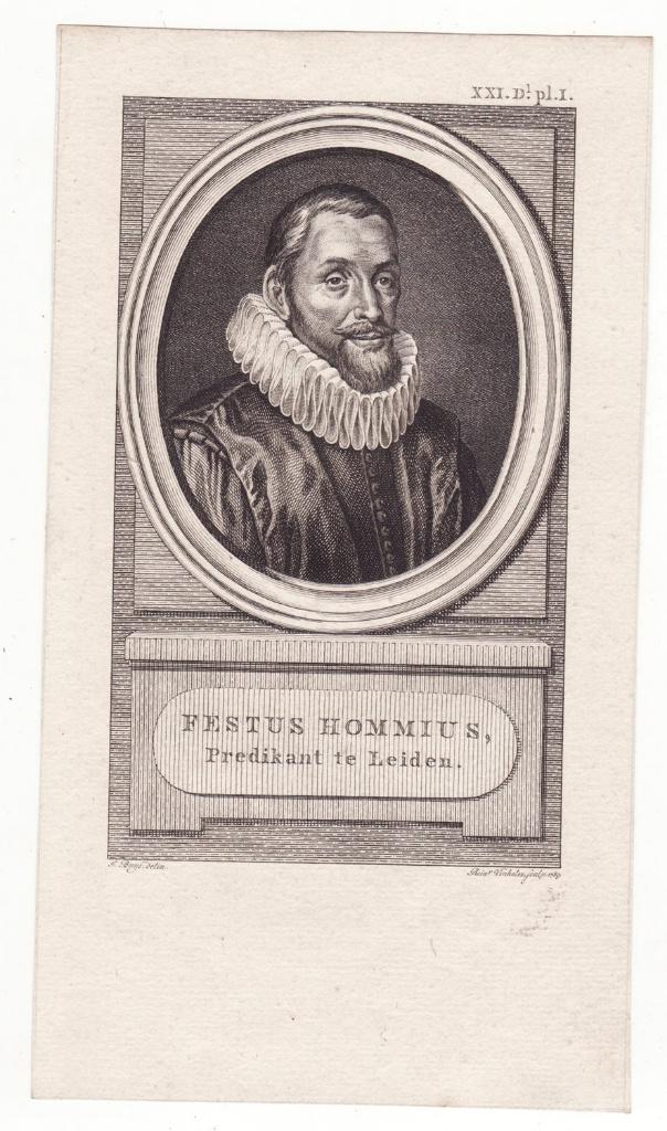 Festus Hommius predikant te Leiden antieke gravure 1789, Verzenden, Portret, Gravure, Blanco verso