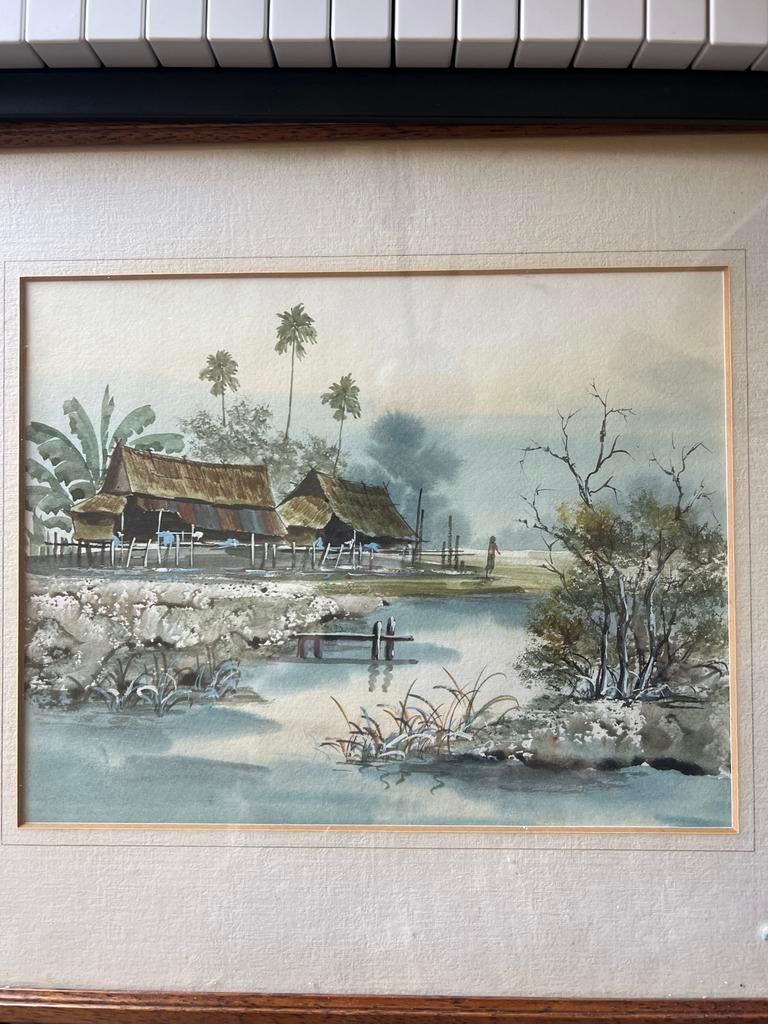 Schilderij met huizen en palmbomen, Antiek en Kunst, Ophalen of Verzenden