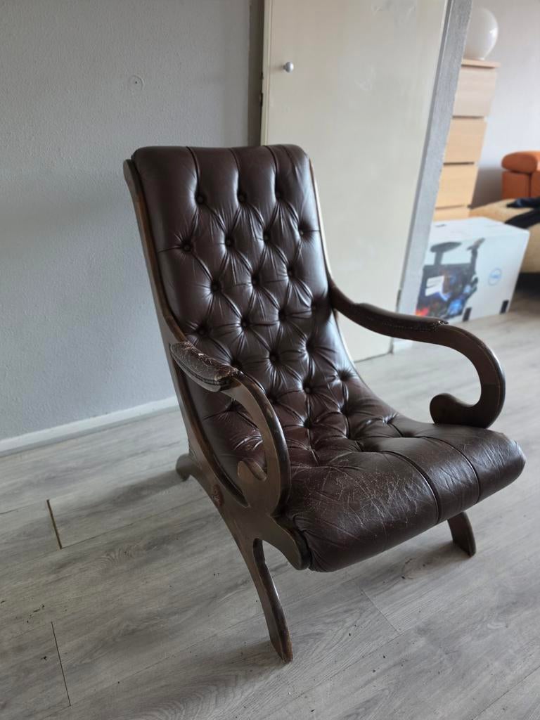 Chesterfield fauteuil bruin leer – vintage, Ophalen of Verzenden, Gebruikt, 75 tot 100 cm, Leer
