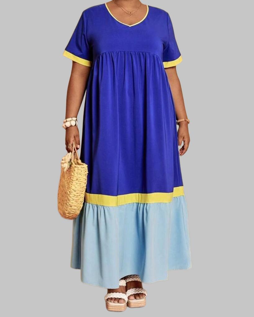 Maxi Jurk met V-hals en Kleurblokken (46-54), Verzenden, Nieuw, Blauw, Jurk