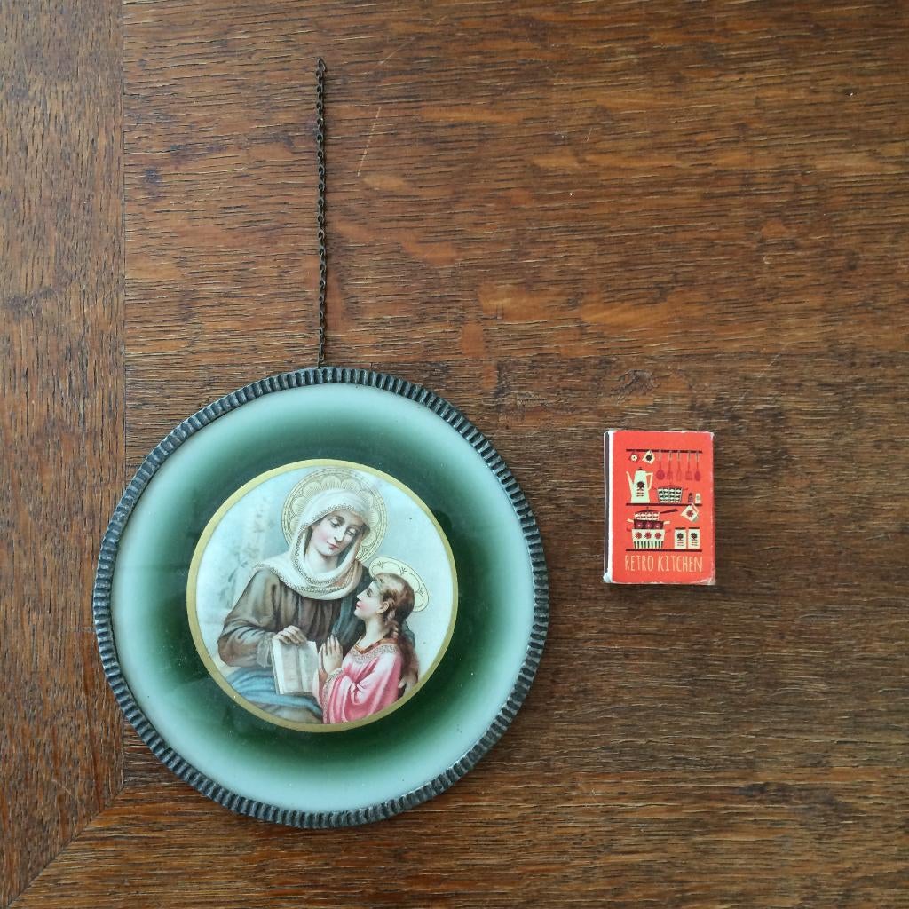 Groot rond Maria medaillon met kindeke Jezus achter glas, Verzamelen, Ophalen of Verzenden, Gebruikt, Overige typen, Christendom | Katholiek