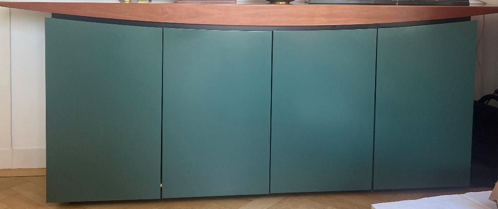 Modern dressoir met kersenhouten en groen, Met deur(en), Zo goed als nieuw, 200 cm of meer, Modern