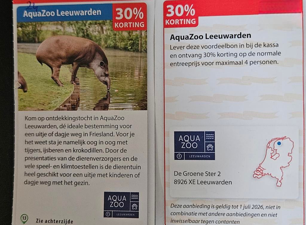 AquaZoo Leeuwarden 30% korting, Tickets en Kaartjes, Drie personen of meer, Kortingskaart