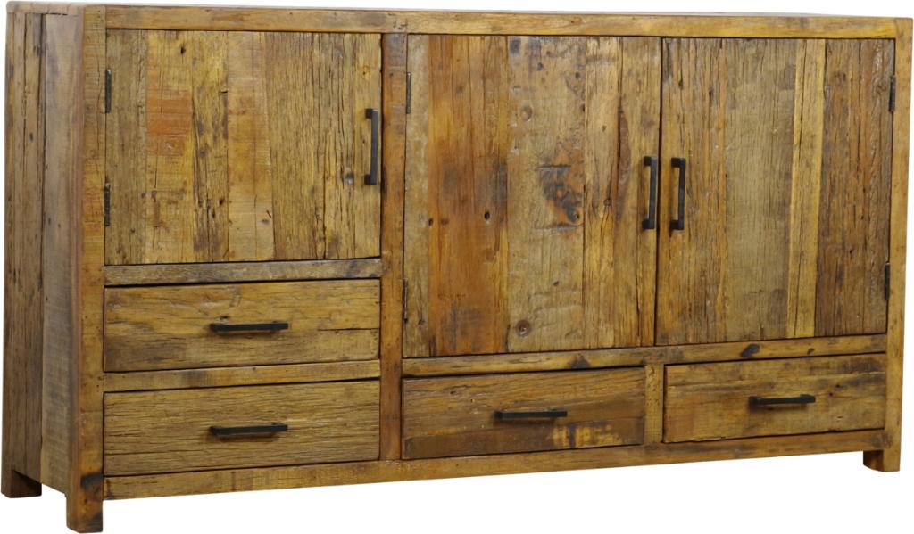 Dressoir 160 cm massief oud hout 4 lade 3 deuren voorraad., Verzenden, 150 tot 200 cm, Nieuw, Dressoir 160 cm massief oud hout 4 lade 3 deuren voorraad.