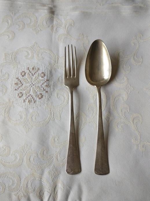 6 antieke , zwaar verzilverde lepels + 1 vork Haags Lofje, Antiek en Kunst, Antiek | Bestek, Ophalen of Verzenden