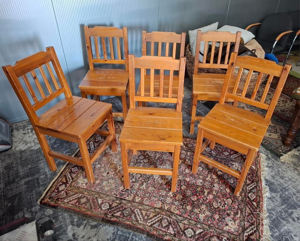 Kei toffe vintage set van 6 Massief Oud Grenen stoelen. Kijk, Ophalen, Gebruikt, Hout